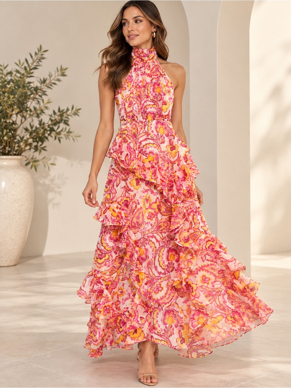 CeCe Floral Ruffle Maxi Dress in Pink & Yellow Size 2 Like New